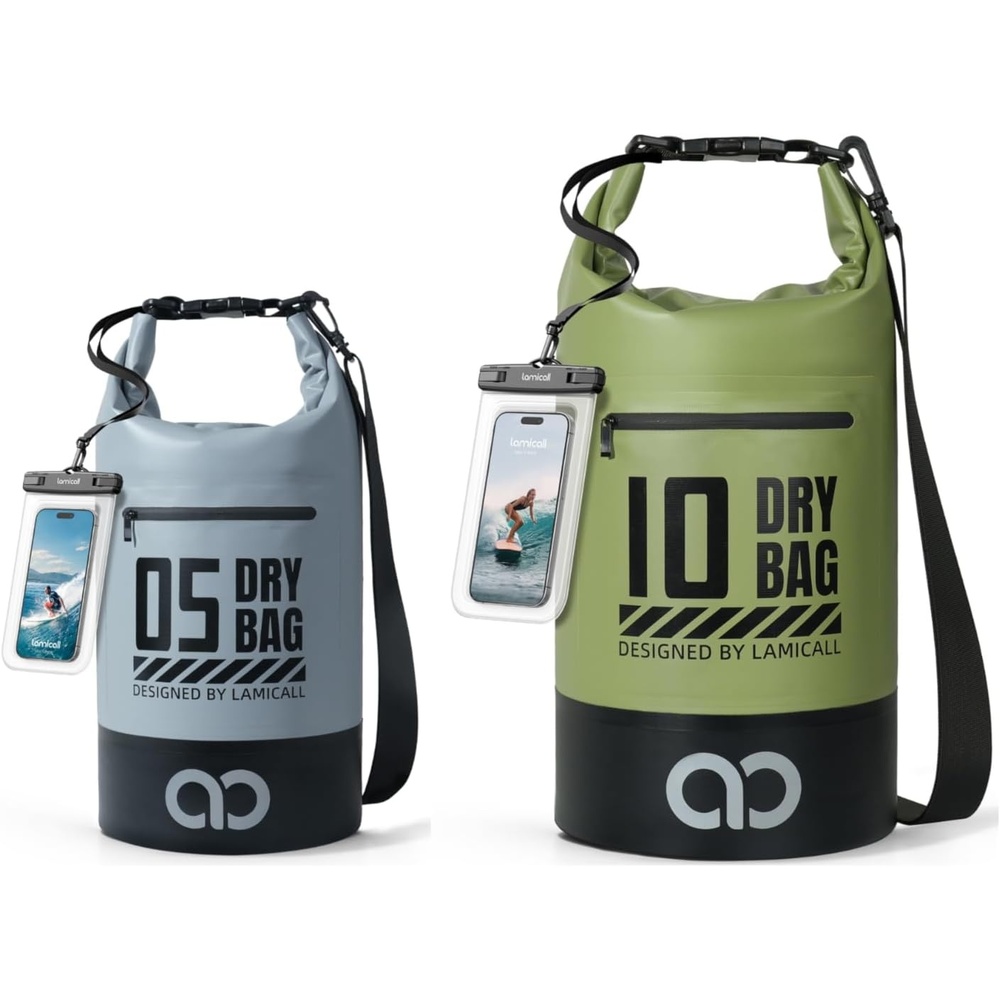 image:imageLamicall 5L amp 10L Dry Bag Waterproof Backpack Zippered Pocket Roll Top Waterproof Bag Blueish Gray amp Olive Green