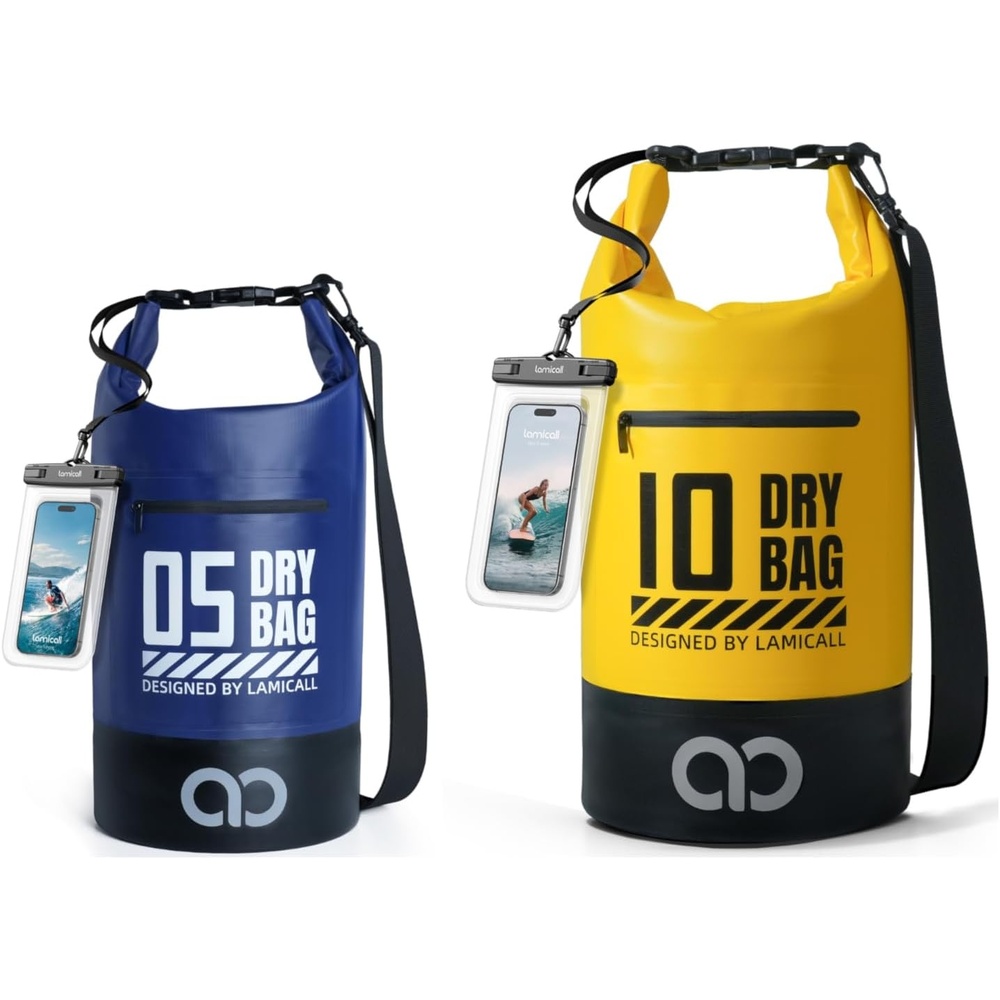 image:imageLamicall 5L amp 10L Dry Bag Waterproof Backpack  Zippered Pocket Roll Top Waterproof Bag Navy Blue amp Lemon Yellow