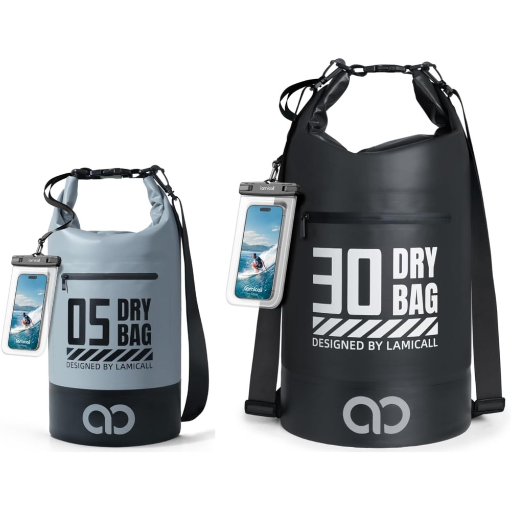 image:imageLamicall 5L amp 30L Dry Bag Waterproof Backpack Zippered Pocket Roll Top Waterproof Bag Blueish Gray amp Black