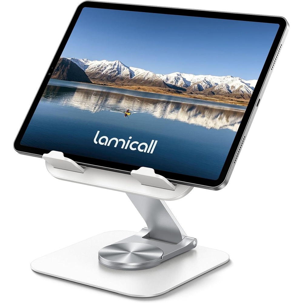 image:imageLamicall Adjustable iPad Stand for Desk UltraSlim Foldable 360 Rotation Foldable UltraSlim 360Rotation Base HeavyDuty Tablet Holder Stand for 4713 iPad Pro Air Mini EReader Kindle TabsWhite