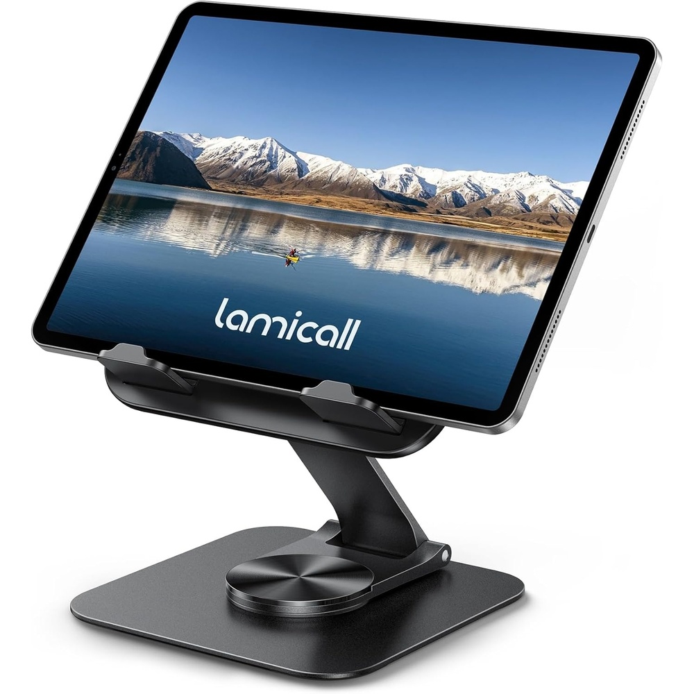 image:imageLamicall Adjustable iPad Stand for Desk UltraSlim Foldable 360 Rotation Foldable UltraSlim 360Rotation Base HeavyDuty Tablet Holder Stand for 4713 iPad Pro Air Mini EReader Kindle TabsBlack