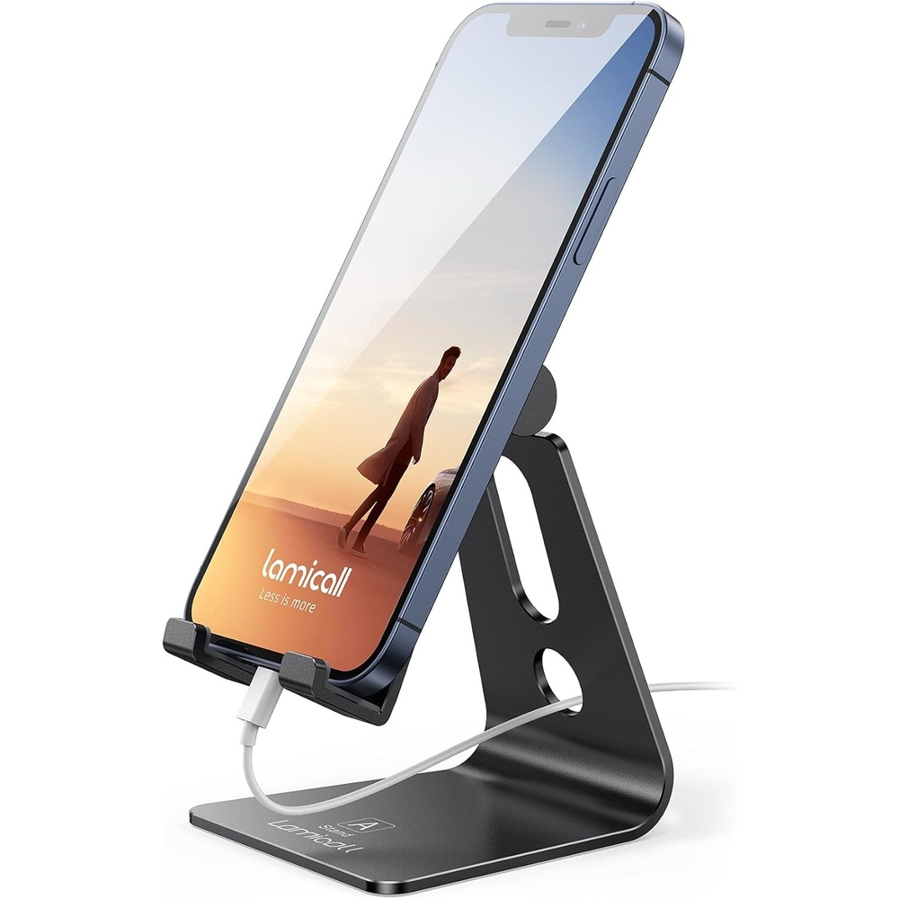 image:imageLamicall Aluminum Cell Phone Stand Adjustable Desk Phone Holder for iPhone Adjustable Viewing Angle Stable AntiSlip Base Case Friendly for iPhone 17 16 15 14 Pro Max Office Desk Essential SilverBlack