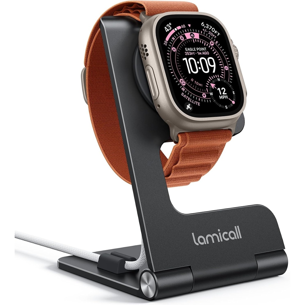 image:imageLamicall Foldable Apple Watch Stand for Charger Aluminum Desk Watch Holder Cord Organizer Slot for Nightstand Portable Travel Charging Stand Dock for iWatch Series 111 Ultra SE Charger Not IncludedMisty Black