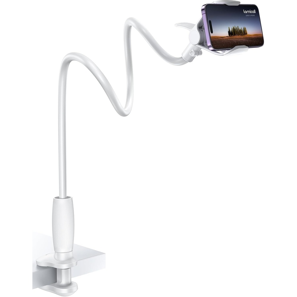 image:imageLamicall Gooseneck Phone Holder for Bed Stable Flexible Arm Stand for Desk  Upgraded AlMg Alloy Core Secure Clamp Base 334 Long Arm HandsFree Viewing Bedside amp Desk Use Fits 47 Phones BlackSnow White