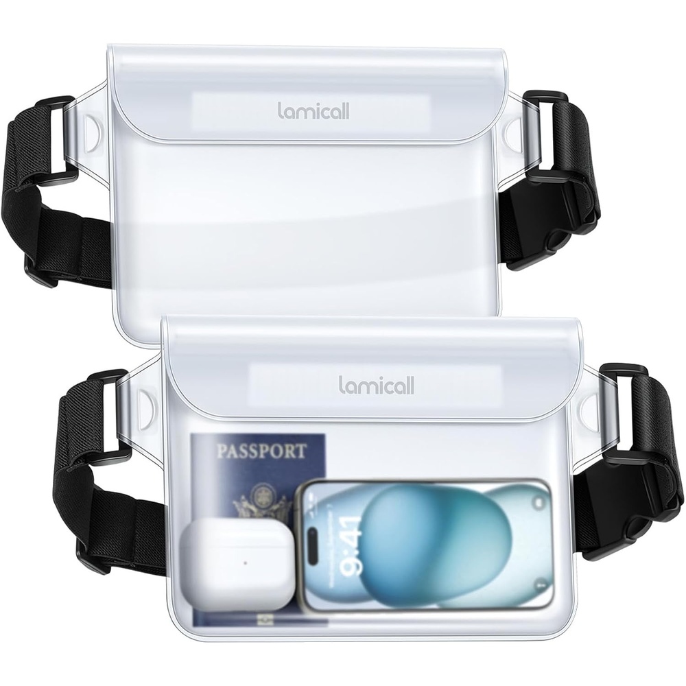 image:imageLamicall Waterproof Fanny Pack Pouch Large 87 Capacity fits iPad Mini amp iPhone 17 16 15 Pro Max with Case IPX8 Submersible Dry Bag for Cruise Essentials Snorkeling Kayaking Black 2PackClear Clear Elastic Strap