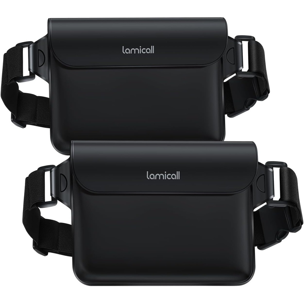image:imageLamicall Waterproof Fanny Pack Pouch Large 87 Capacity fits iPad Mini amp iPhone 17 16 15 Pro Max with Case IPX8 Submersible Dry Bag for Cruise Essentials Snorkeling Kayaking Black 2PackBlack Black Elastic Strap