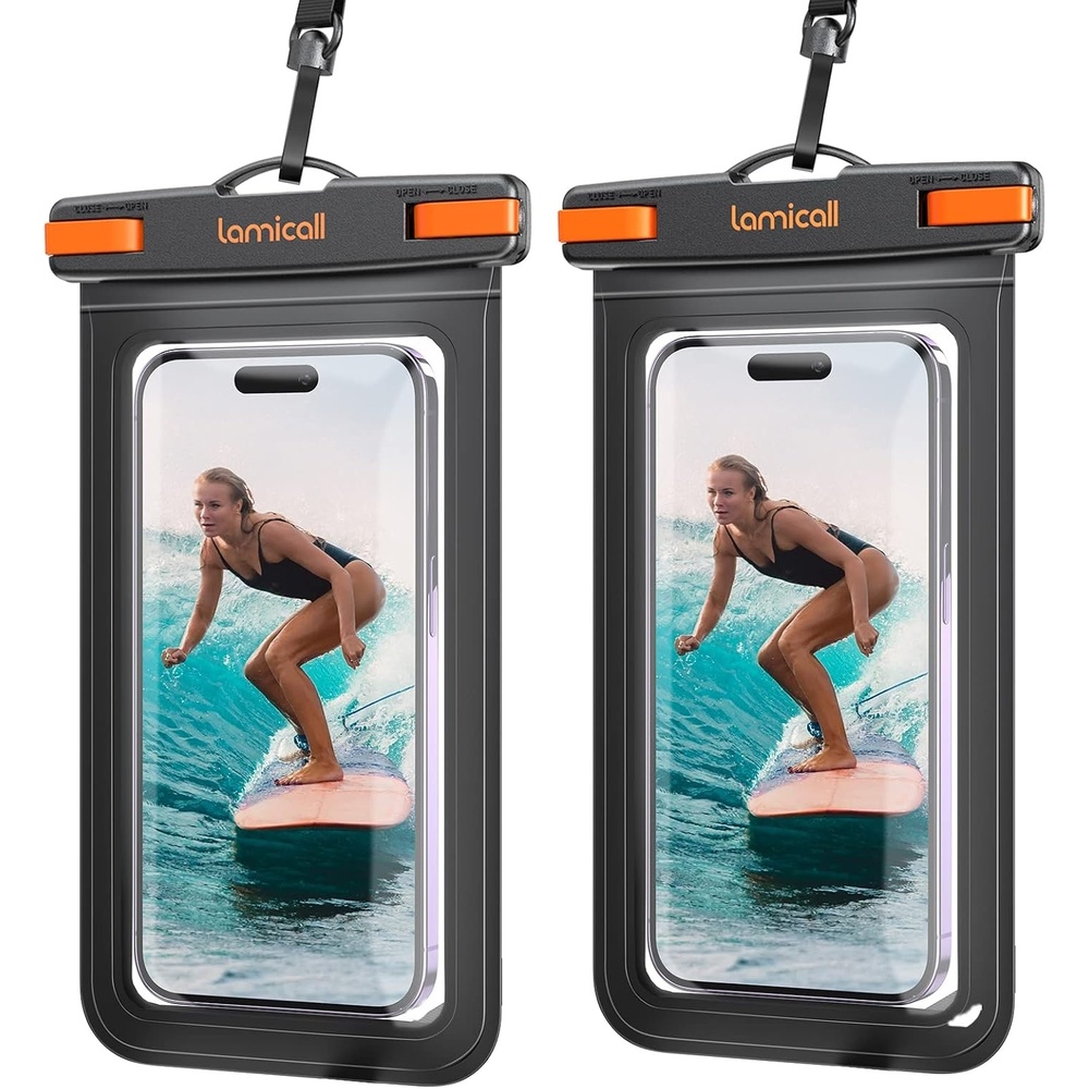 image:imageLamicall Waterproof Phone Pouch 2 Pack IPX8 Water Proof Cell Phone Case Beach amp Cruise Essentials Touch Screen Dry Bag for iPhone 17 16 15 14 13 12 11 Pro Max Plus Galaxy S25 for 7 with CaseBlack Orange
