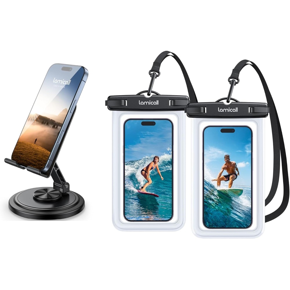 image:imageLamicall Waterproof Phone Pouch Case amp 360 Rotating Adjustable Phone Stand for Desk