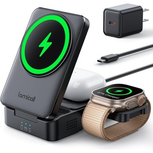 Lamicall 3-in-1 Foldable Charging Station for Apple MagSafe | Palm-Sized Travel-Ready, Wireless Charging Stand for iPhone 17/16/15/14/13/12 Series, Apple Watch & AirPods, Stay-Cool Design(Ebony – Adapter)