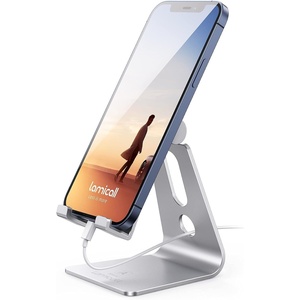 Lamicall Aluminum Cell Phone Stand, Adjustable Desk Phone Holder for iPhone | Adjustable Viewing Angle, Stable Anti-Slip Base, Case Friendly for iPhone 17 16 15 14 Pro Max, Office Desk Essential, Black(Silver)