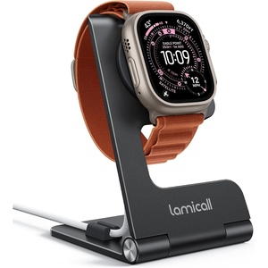 Lamicall Foldable Apple Watch Stand for Charger, Aluminum Desk Watch Holder | Cord Organizer Slot for Nightstand, Portable Travel Charging Stand Dock for iWatch Series 1-11 Ultra SE, Charger Not Included(Misty Black)