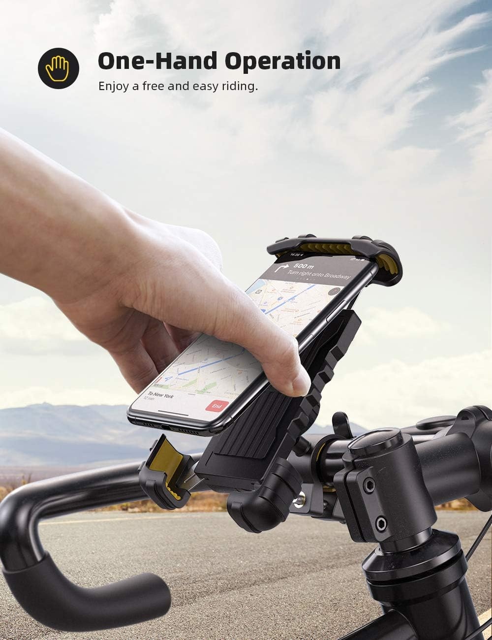 image:imageLamicall Bike Phone Holder Motorcycle Mount OneHand Operation Lockable 360 Rotation Handlebar Clamp for 4768 iPhone 17 Pro Max Air Rubber Protect Road Mountain Bike EBike Scooter HolderYellow