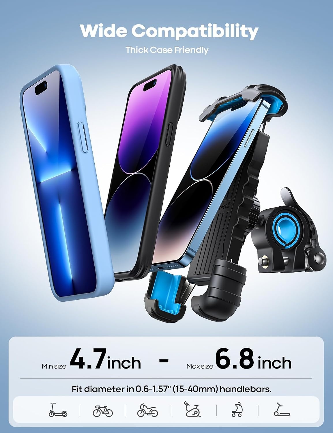 image:imageLamicall Bike Phone Holder Motorcycle Mount OneHand Operation Lockable 360 Rotation Handlebar Clamp for 4768 iPhone 17 Pro Max Air Rubber Protect Road Mountain Bike EBike Scooter HolderBlue