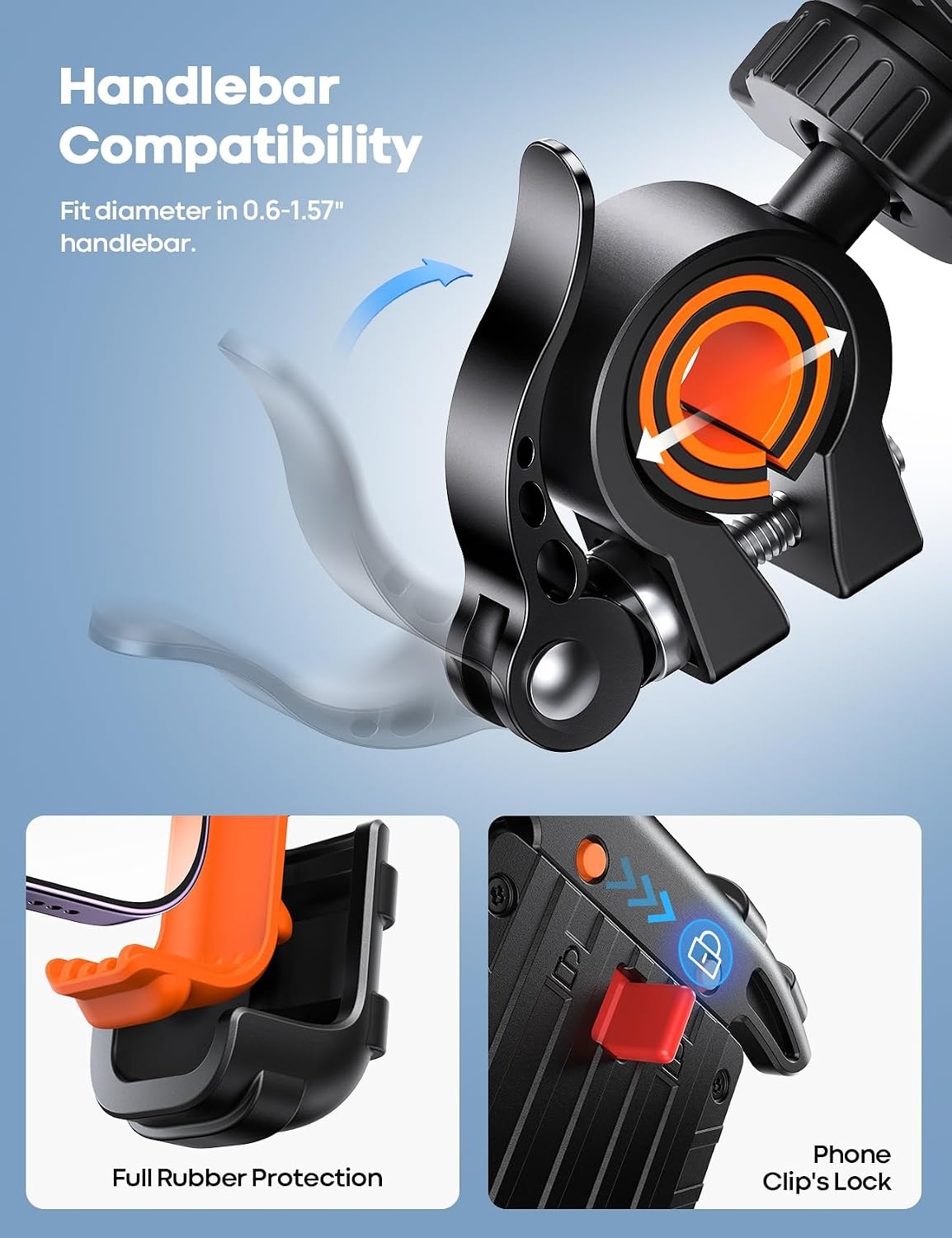 image:imageLamicall Bike Phone Holder Motorcycle Mount OneHand Operation Lockable 360 Rotation Handlebar Clamp for 4768 iPhone 17 Pro Max Air Rubber Protect Road Mountain Bike EBike Scooter HolderOrange
