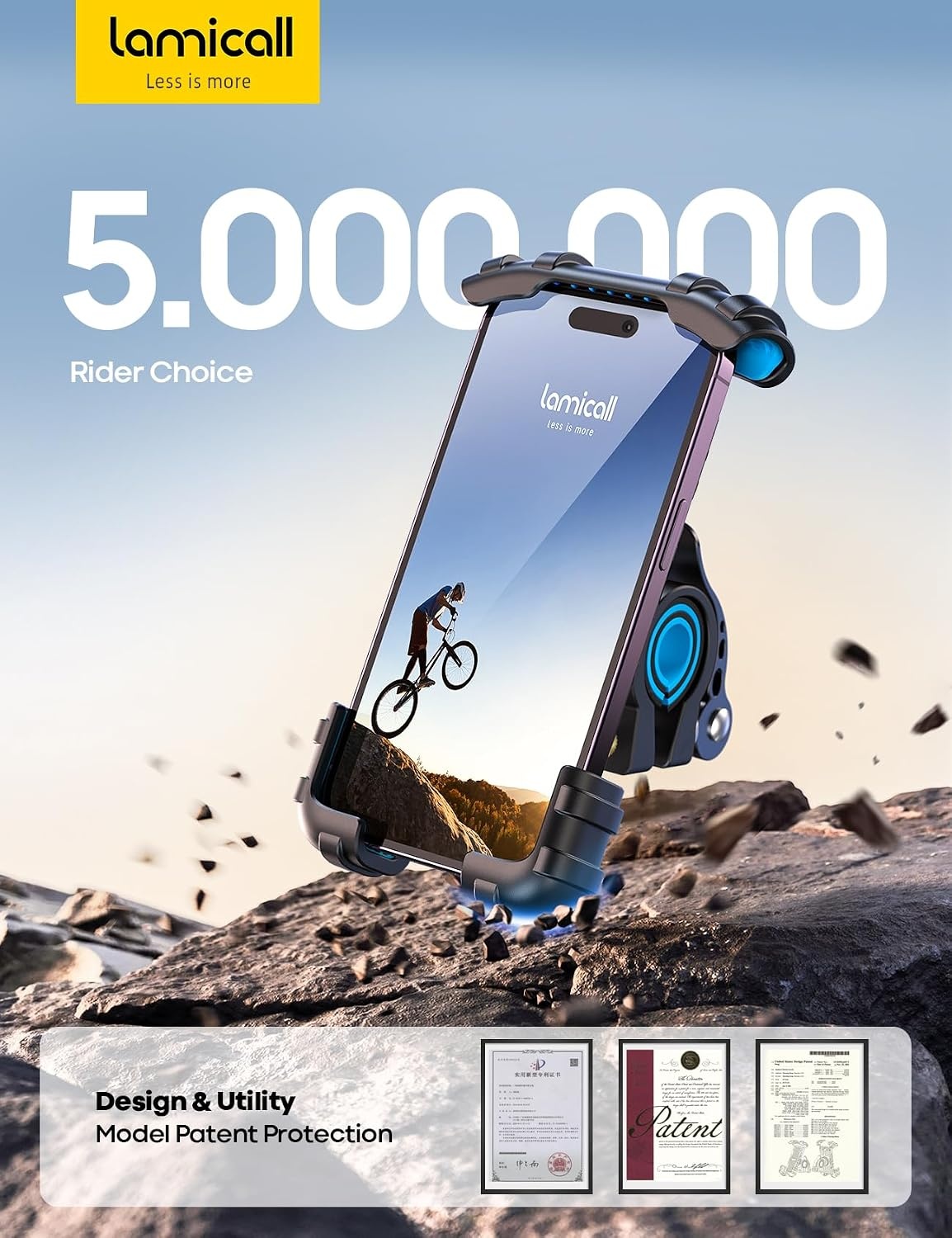 image:imageLamicall Bike Phone Holder Motorcycle Mount OneHand Operation Lockable 360 Rotation Handlebar Clamp for 4768 iPhone 17 Pro Max Air Rubber Protect Road Mountain Bike EBike Scooter HolderBlue