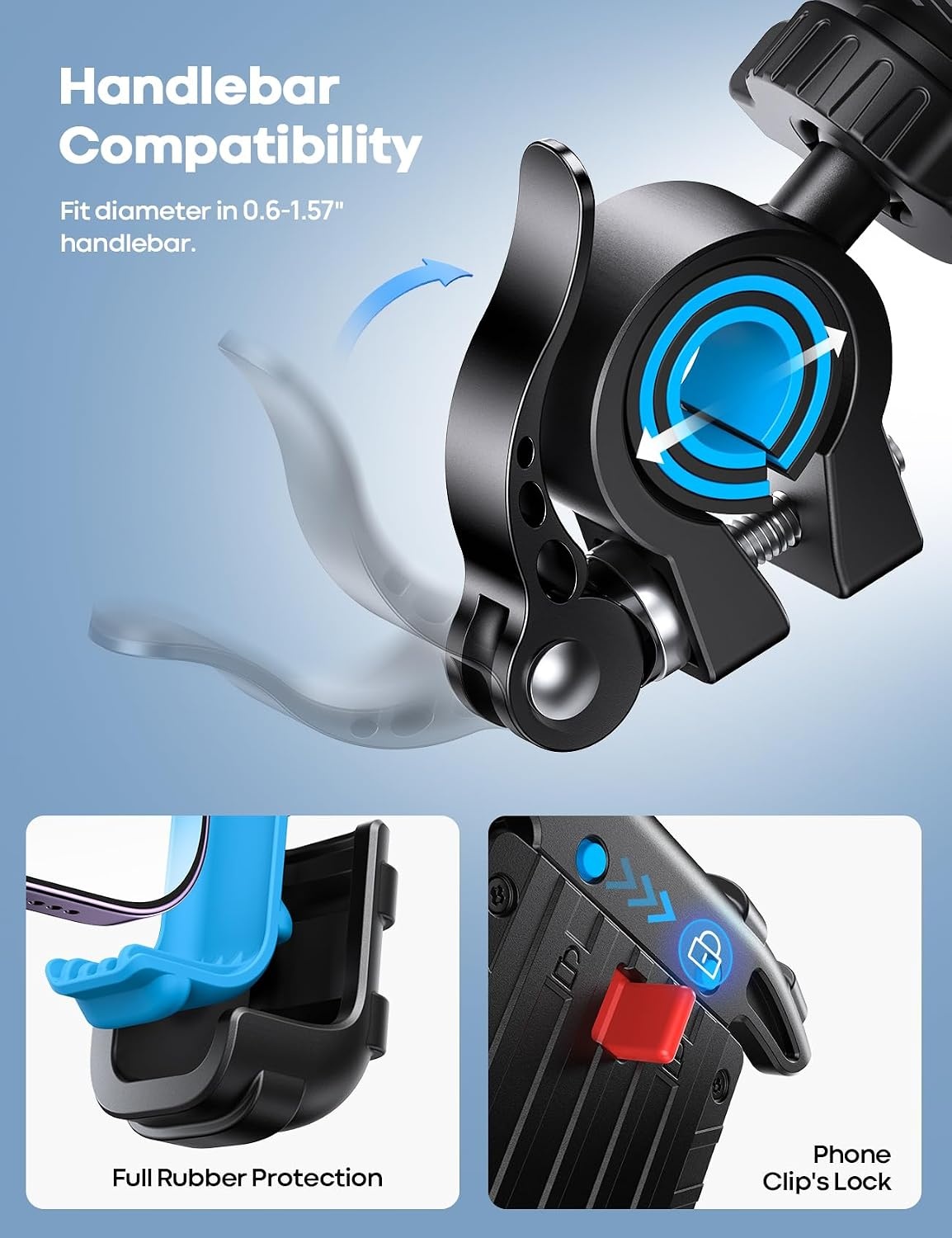 image:imageLamicall Bike Phone Holder Motorcycle Mount OneHand Operation Lockable 360 Rotation Handlebar Clamp for 4768 iPhone 17 Pro Max Air Rubber Protect Road Mountain Bike EBike Scooter HolderBlue