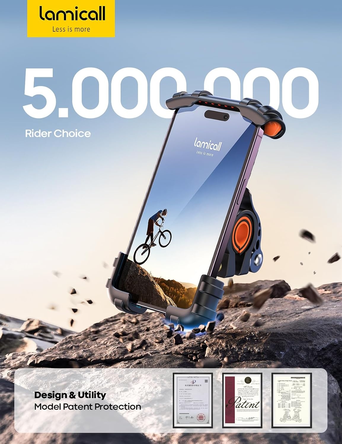image:imageLamicall Bike Phone Holder Motorcycle Mount OneHand Operation Lockable 360 Rotation Handlebar Clamp for 4768 iPhone 17 Pro Max Air Rubber Protect Road Mountain Bike EBike Scooter HolderOrange