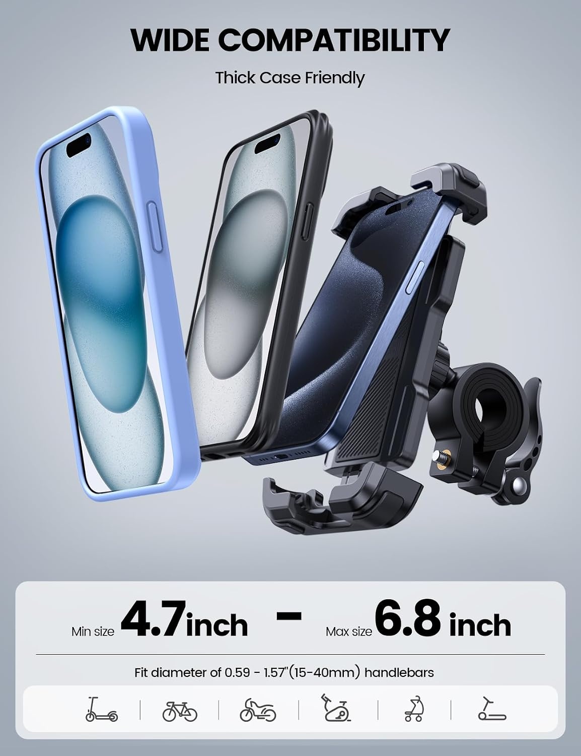 image:imageLamicall Bike Phone Mount Holder Motorcycle Phone Mount Adjustable Cell Phone Holder Gifts EBike Bicycle Scooter Handlebar Cradle Clip for iPhone Air 17 Pro Max 16 15 Plus 14 4768 PhoneBlack