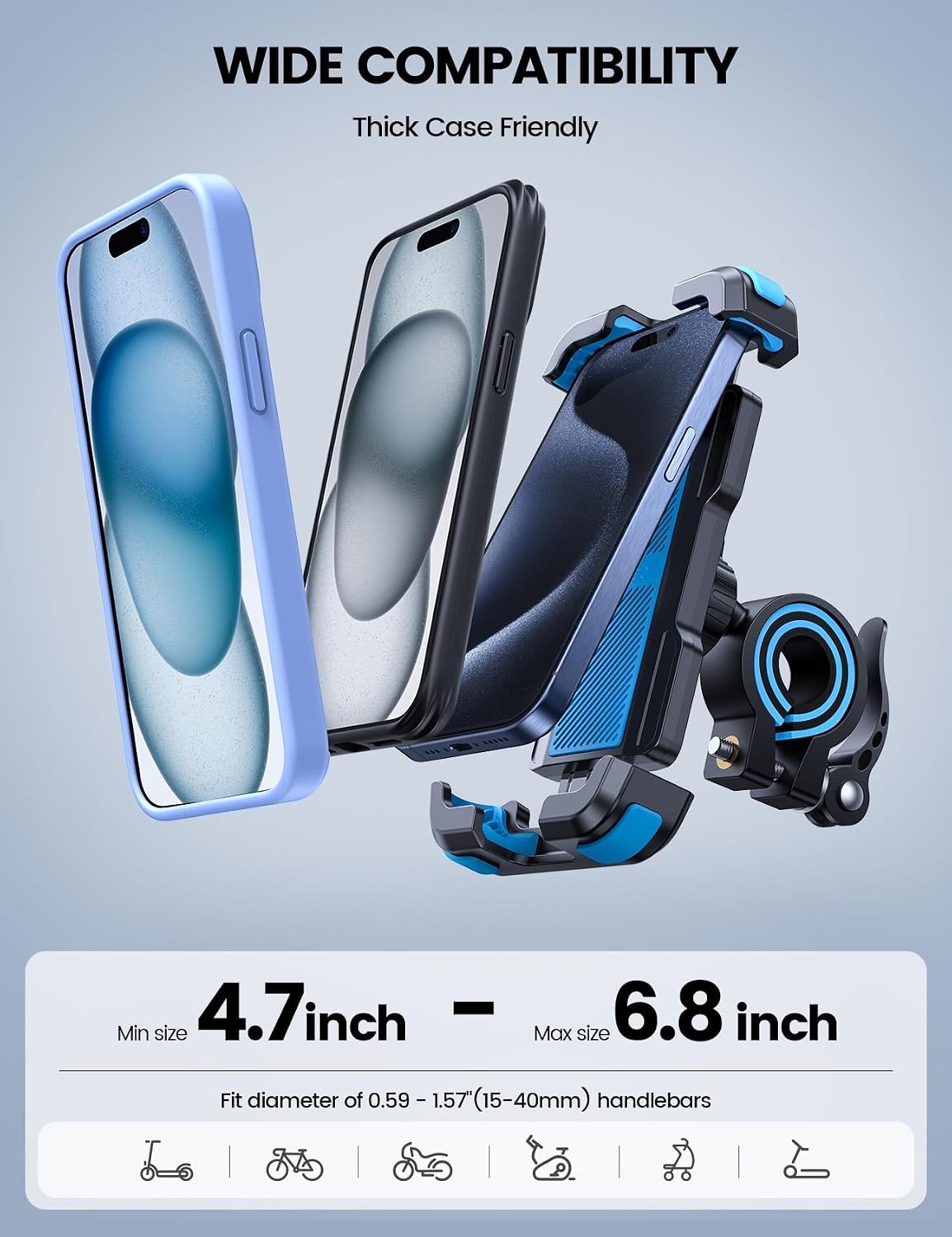 image:imageLamicall Bike Phone Mount Holder Motorcycle Phone Mount Adjustable Cell Phone Holder Gifts EBike Bicycle Scooter Handlebar Cradle Clip for iPhone Air 17 Pro Max 16 15 Plus 14 4768 PhoneBlue