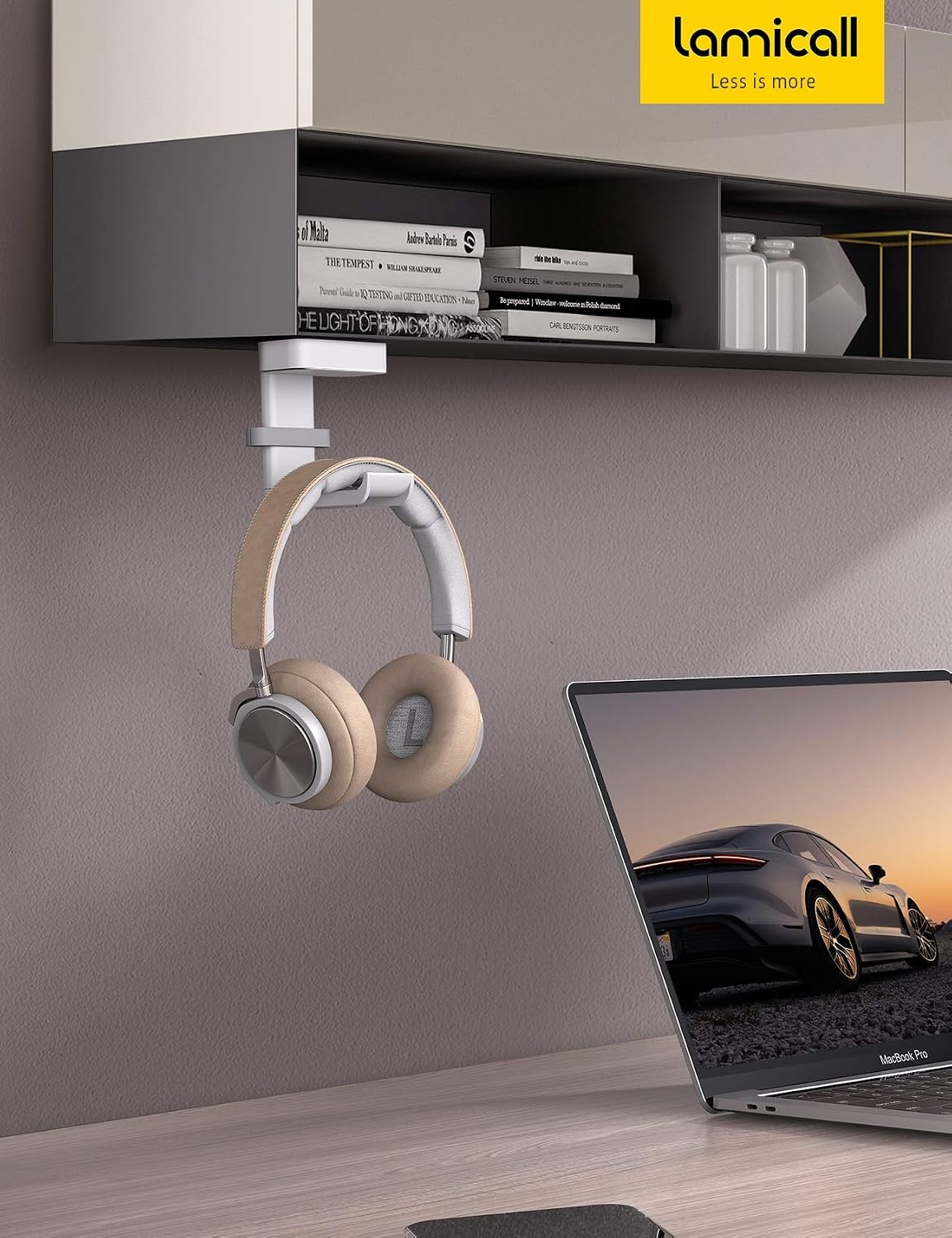 image:imageLamicall Headphone Stand Adhesive Rotatable Headset Earphone Hanger Hook 360 Rotation Earphone Holder Cable Organizer Headphone Stand for All Headset Gaming HyperX Razer Sony Senn heiserWhite