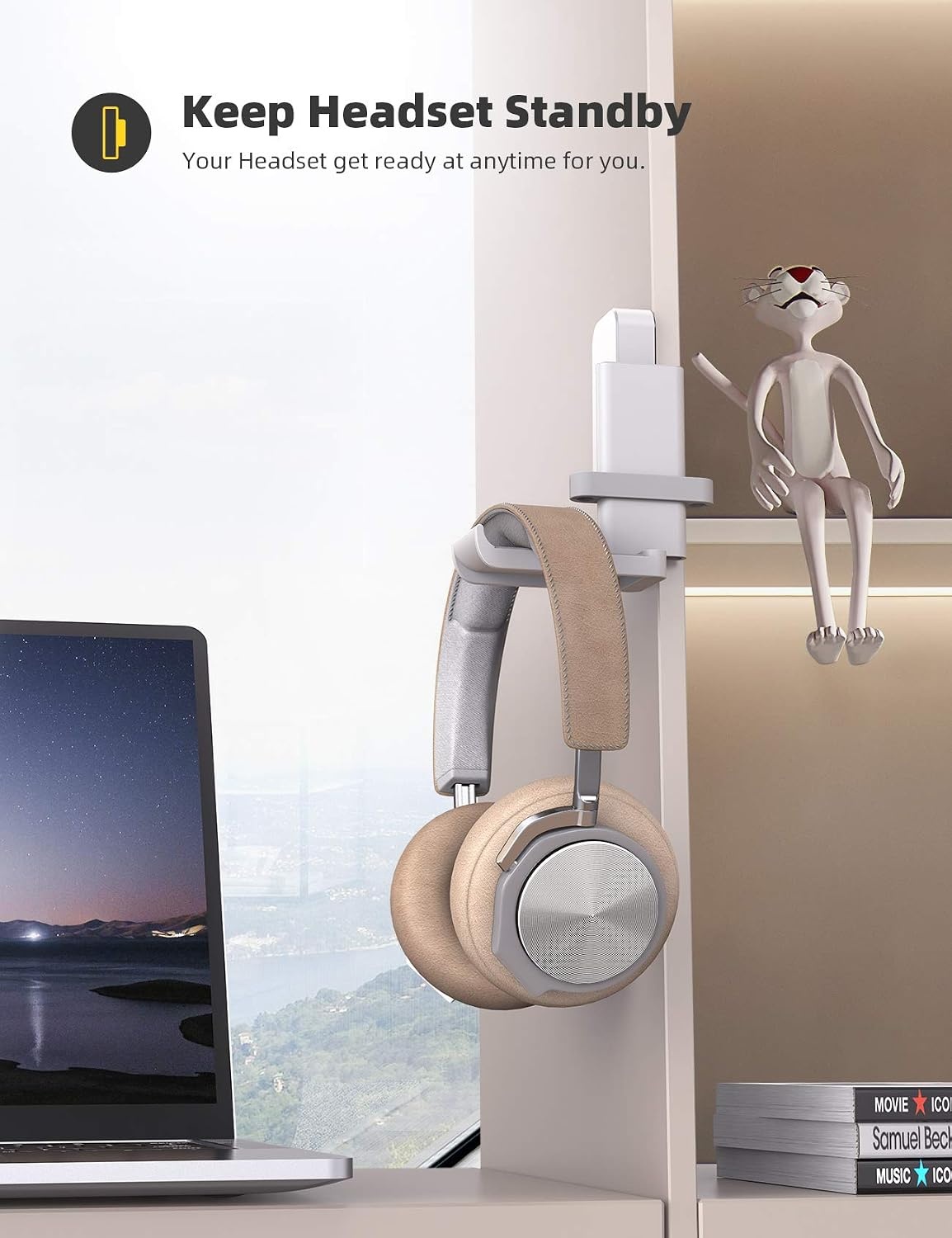 image:imageLamicall Headphone Stand Adhesive Rotatable Headset Earphone Hanger Hook 360 Rotation Earphone Holder Cable Organizer Headphone Stand for All Headset Gaming HyperX Razer Sony Senn heiserWhite