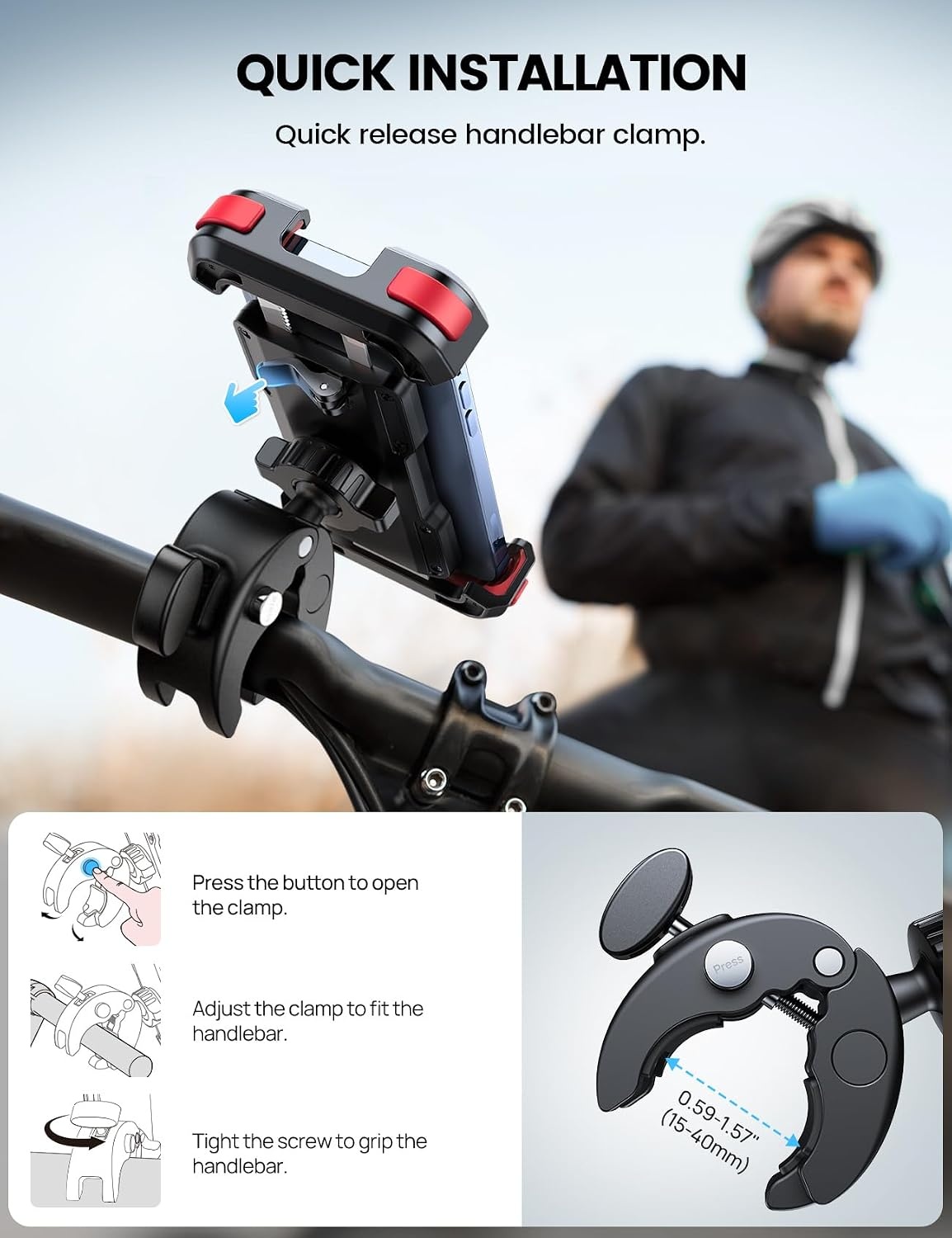 image:imageLamicall Motorcycle Bike Phone Holder with Upgrade Quick Install Bar Clip Metal Lock Bicycle Phone Mount Scooter Phone Holder Cell Phone Clamp for iPhone Galaxy 4768 Phones BlackRed
