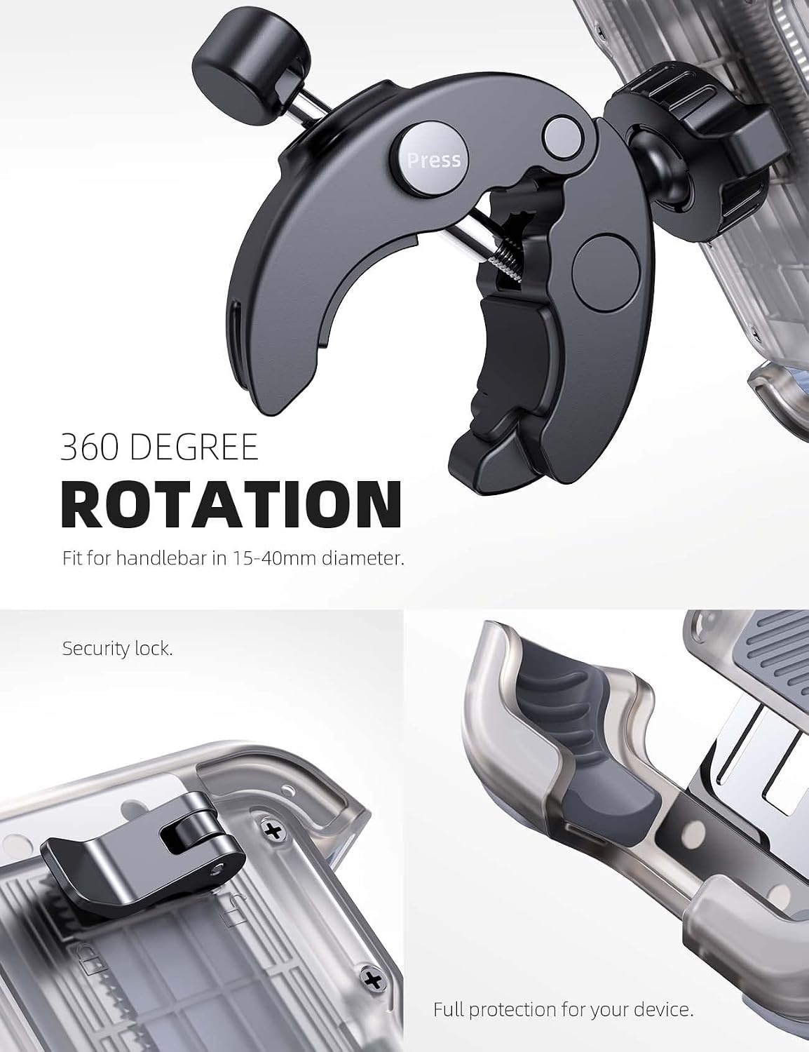 image:imageLamicall Motorcycle Bike Phone Holder with Upgrade Quick Install Bar Clip Metal Lock Bicycle Phone Mount Scooter Phone Holder Cell Phone Clamp for iPhone Galaxy 4768 Phones BlackTransparent