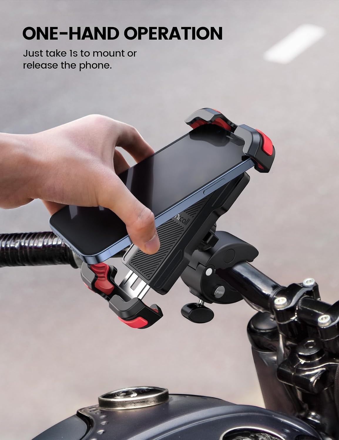 image:imageLamicall Motorcycle Bike Phone Holder with Upgrade Quick Install Bar Clip Metal Lock Bicycle Phone Mount Scooter Phone Holder Cell Phone Clamp for iPhone Galaxy 4768 Phones BlackRed