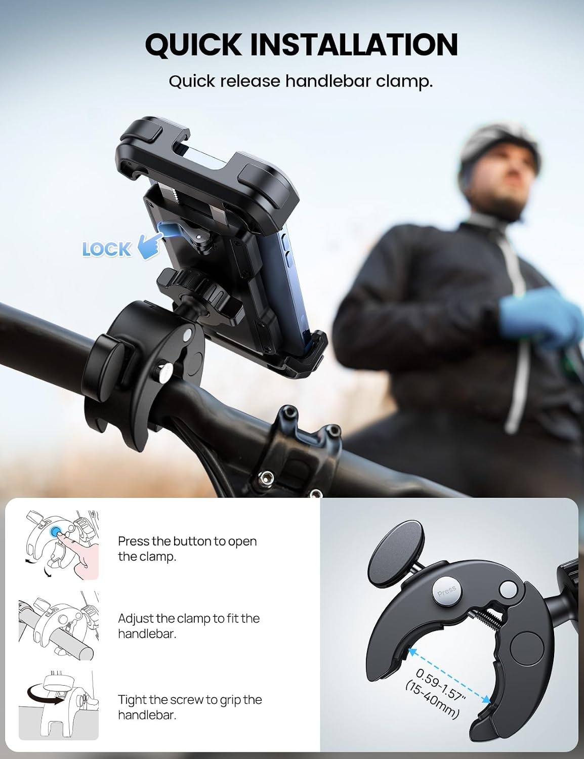 image:imageLamicall Motorcycle Bike Phone Holder with Upgrade Quick Install Bar Clip Metal Lock Bicycle Phone Mount Scooter Phone Holder Cell Phone Clamp for iPhone Galaxy 4768 Phones BlackBlack