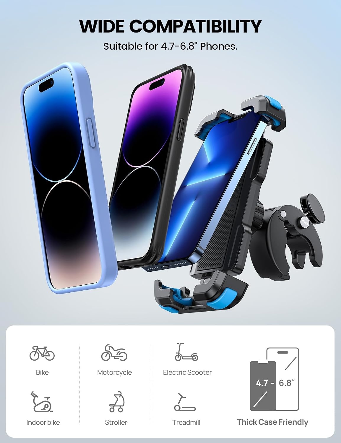 image:imageLamicall Motorcycle Bike Phone Holder with Upgrade Quick Install Bar Clip Metal Lock Bicycle Phone Mount Scooter Phone Holder Cell Phone Clamp for iPhone Galaxy 4768 Phones BlackBlue