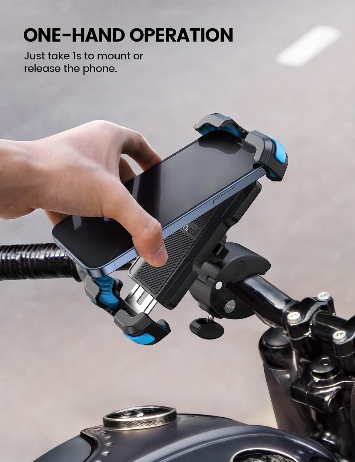 image:imageLamicall Motorcycle Bike Phone Holder with Upgrade Quick Install Bar Clip Metal Lock Bicycle Phone Mount Scooter Phone Holder Cell Phone Clamp for iPhone Galaxy 4768 Phones BlackBlue