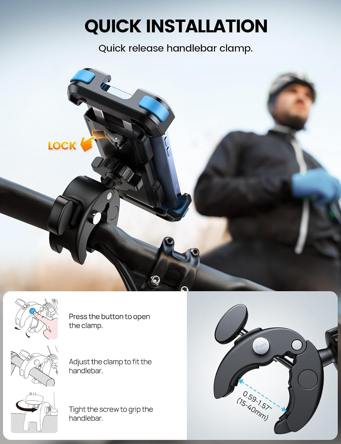 image:imageLamicall Motorcycle Bike Phone Holder with Upgrade Quick Install Bar Clip Metal Lock Bicycle Phone Mount Scooter Phone Holder Cell Phone Clamp for iPhone Galaxy 4768 Phones BlackBlue