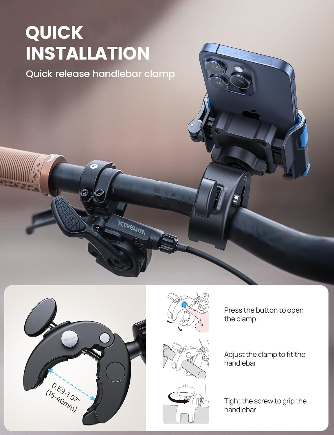 image:imageLamicall Motorcycle Bike Phone Mount 1s Lock Bike Phone Holder Camera Friendly Bicycle Phone Clip Scooter Accessories Gifts for iPhone Pro Max Galaxy S25 Ultra 477 PhonesBlue