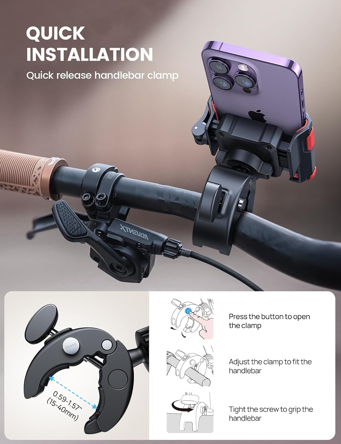 image:imageLamicall Motorcycle Bike Phone Mount 1s Lock Bike Phone Holder Camera Friendly Bicycle Phone Clip Scooter Accessories Gifts for iPhone Pro Max Galaxy S25 Ultra 477 PhonesRed