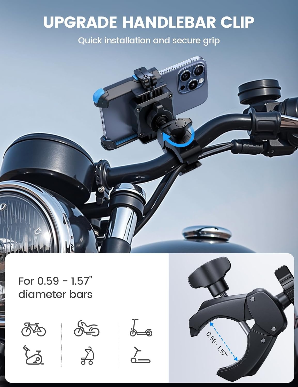 image:imageLamicall Motorcycle Bike Phone Mount 1s Quick Release Bike Phone Holder Camera Friendly Bicycle Cell Phone Holder Clip Scooter Handlebar Clamp for iPhone Pro Max Galaxy 477 Phones BlueBlue