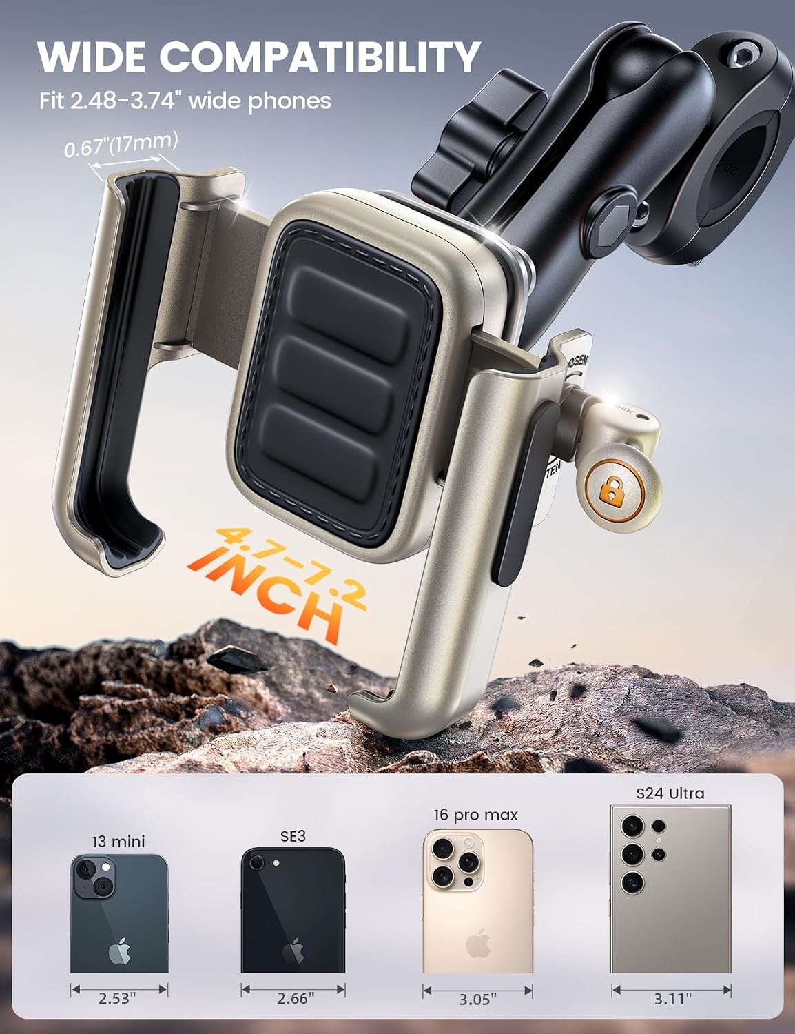 image:imageLamicall Motorcycle Phone Mount Holder All Metal Anti Shake 1s Lock Bike Phone Holder Handlebar Clamp Bicycle Cell Phone Mount for iPhone 17 Pro Max Galaxy 4772 Phones BlackGold