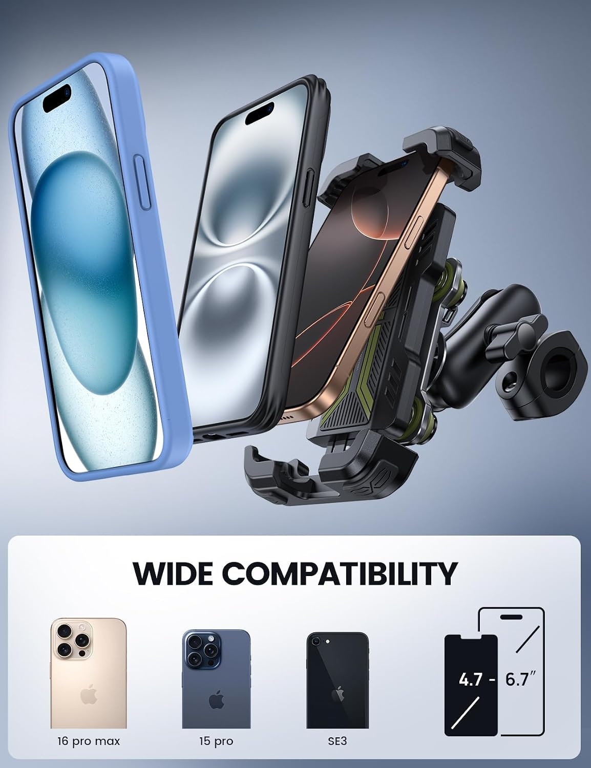 image:imageLamicall Motorcycle Phone Mount Holder with Dual Vibration Dampener Metal Adjustment Arm Motorcycle Cell Phone Holder Bike Handlebar Phone Mount for iPhone 16 15 14 Pro Max 4767 PhonesGreen