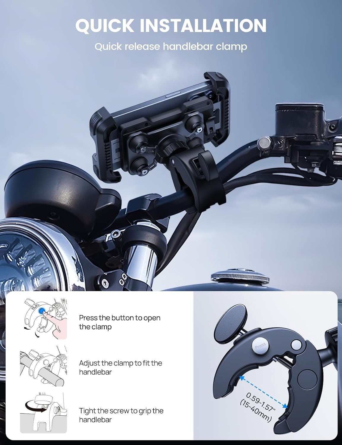 image:imageLamicall Motorcycle Phone Mount Holder with Dual Vibration Dampener Upgrade Handlebar Clip Motorcycle Cell Phone Holder Bike Phone Mount for iPhone Pro Max 4767 Phones BlackBlack