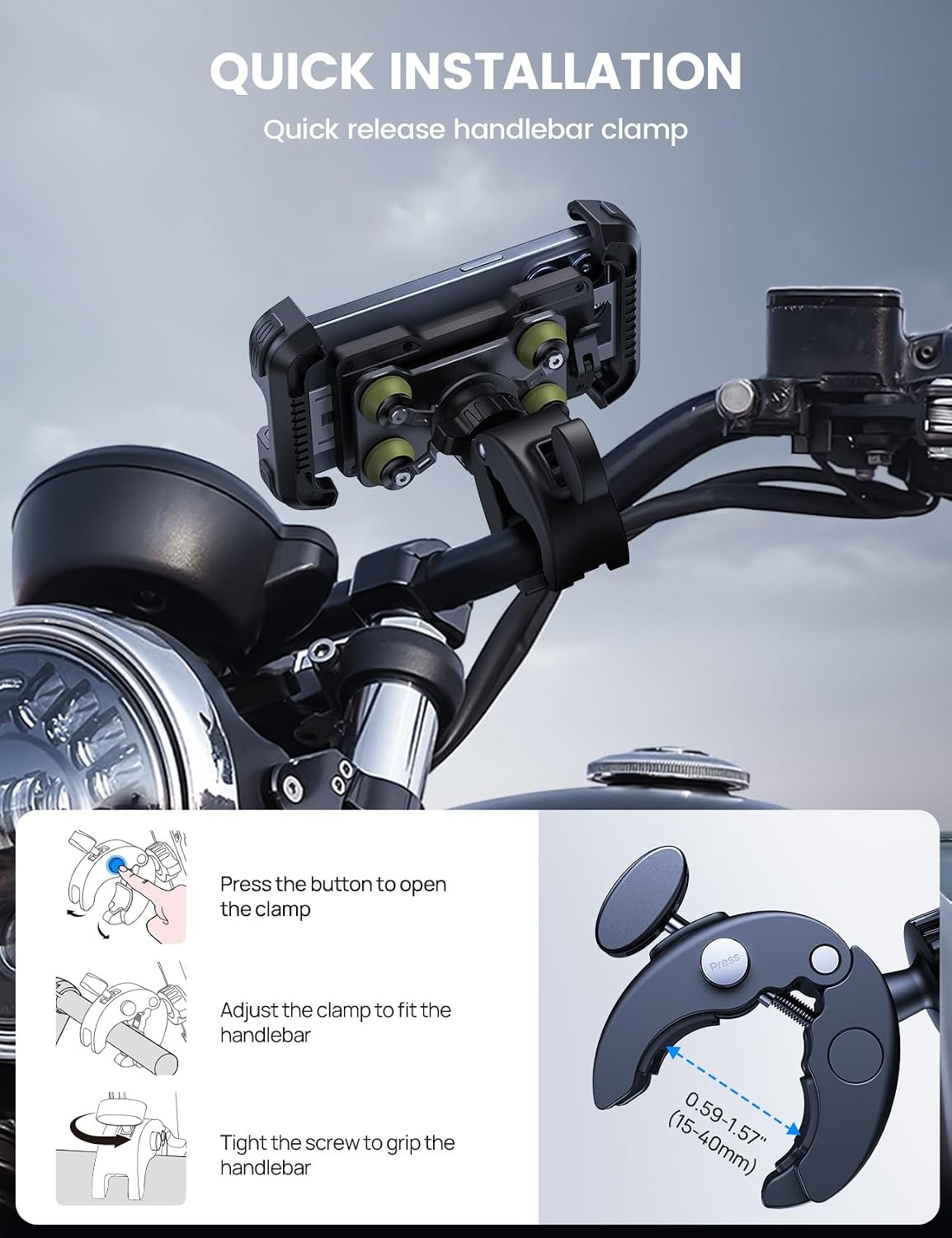 image:imageLamicall Motorcycle Phone Mount Holder with Dual Vibration Dampener Upgrade Handlebar Clip Motorcycle Cell Phone Holder Bike Phone Mount for iPhone Pro Max 4767 Phones BlackGreen
