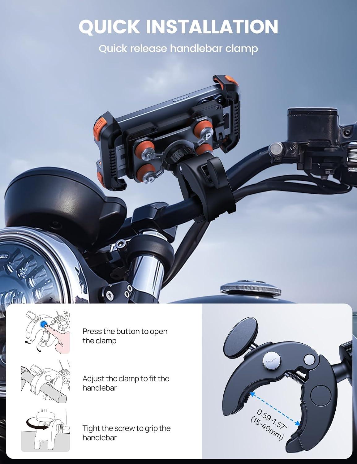 image:imageLamicall Motorcycle Phone Mount Holder with Dual Vibration Dampener Upgrade Handlebar Clip Motorcycle Cell Phone Holder Bike Phone Mount for iPhone Pro Max 4767 Phones BlackOrange