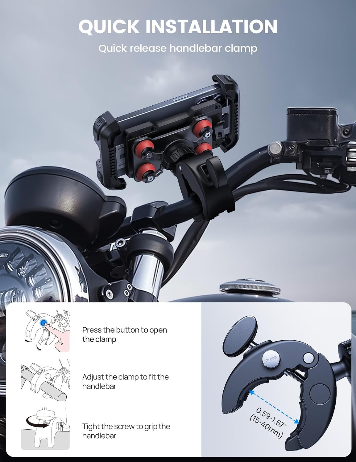 image:imageLamicall Motorcycle Phone Mount Holder with Dual Vibration Dampener Upgrade Handlebar Clip Motorcycle Cell Phone Holder Bike Phone Mount for iPhone Pro Max 4767 Phones BlackRed