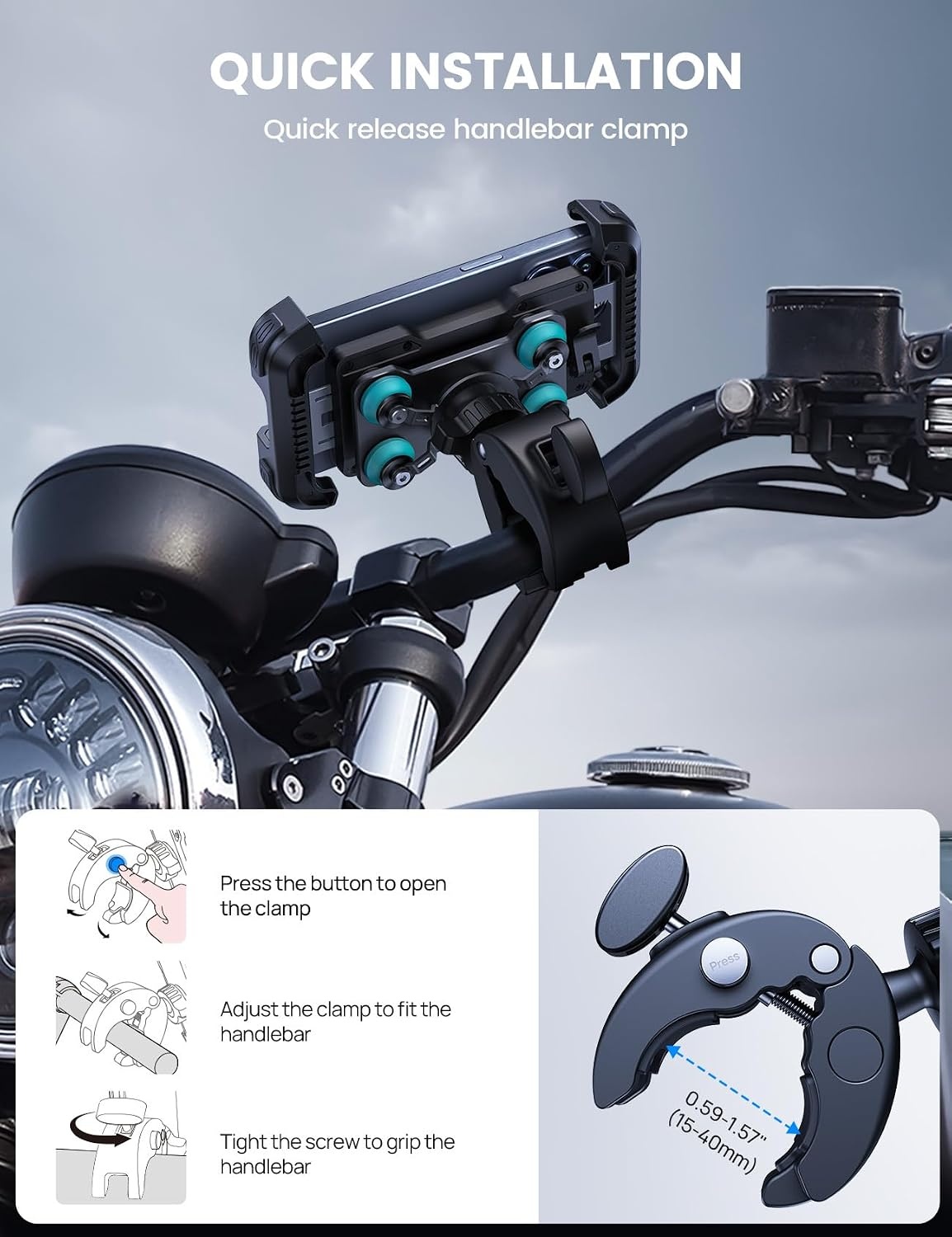 image:imageLamicall Motorcycle Phone Mount Holder with Dual Vibration Dampener Upgrade Handlebar Clip Motorcycle Cell Phone Holder Bike Phone Mount for iPhone Pro Max 4767 Phones BlackBlue