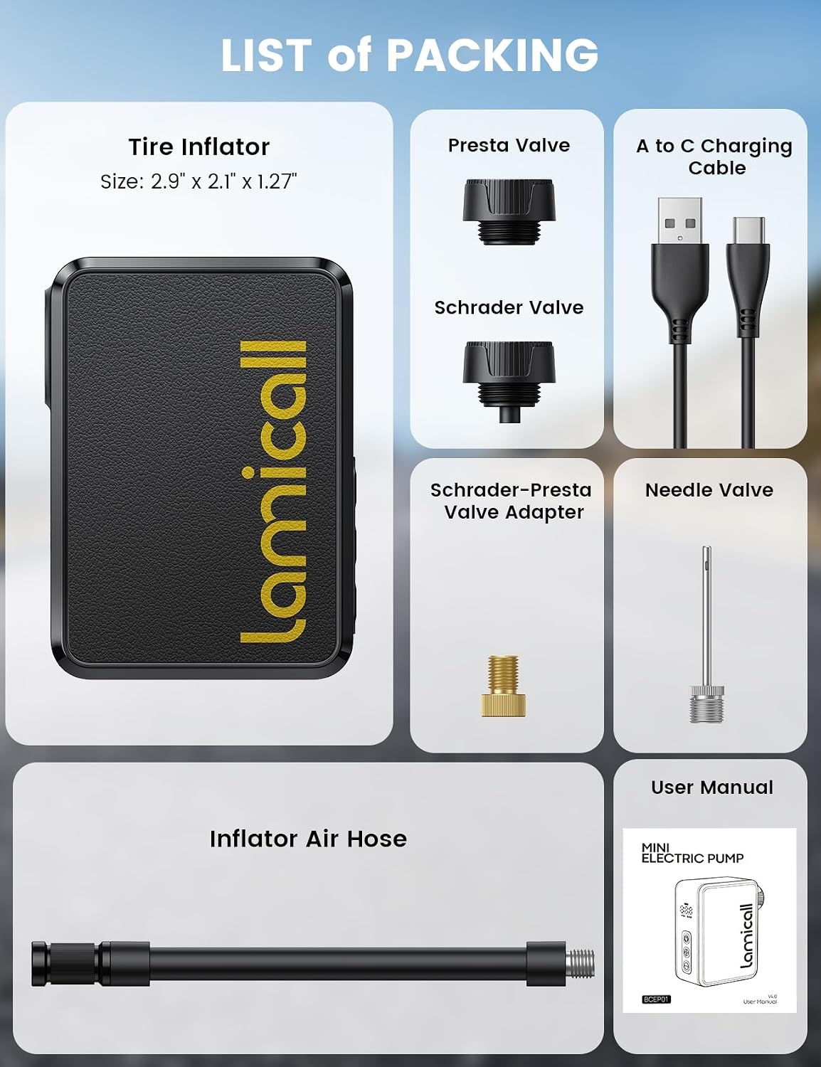 image:imageUltra Mini Electric Bike Pump Lamicall 5oz UltraLight120 PSI Portable Bike Pump 32 LMin Inflation Speed Auto Stop Tire Inflator with Guage for All Road Bike Mountain Bike EBike Scooter